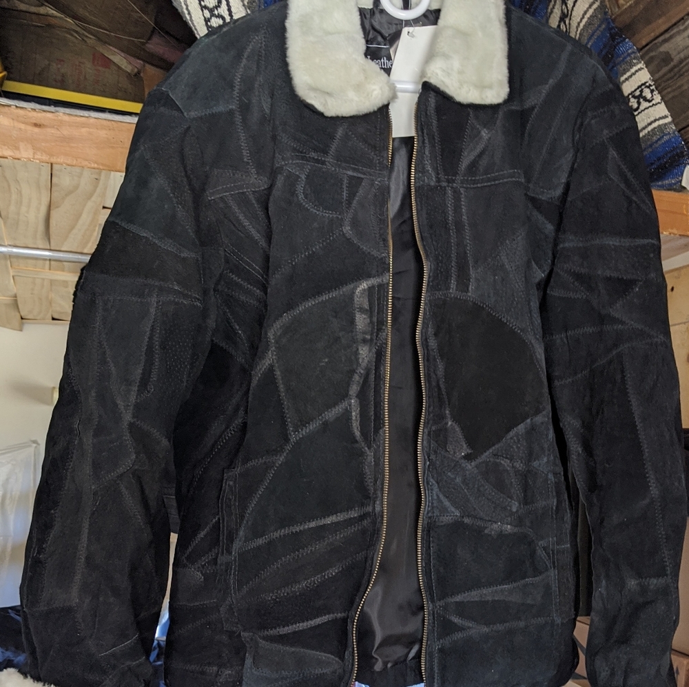 Black patchwork leather suede jacket xxl